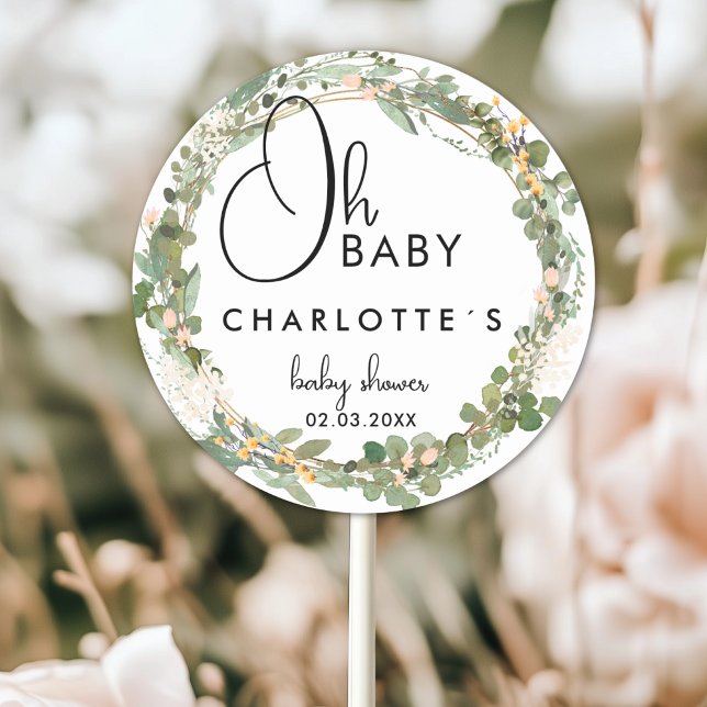 Adesivo Chá de fraldas Simples Eucalyptus Wreath (Simple Eucalyptus Wreath Baby Shower Classic Round Custom Sticker with your Name and Date.)