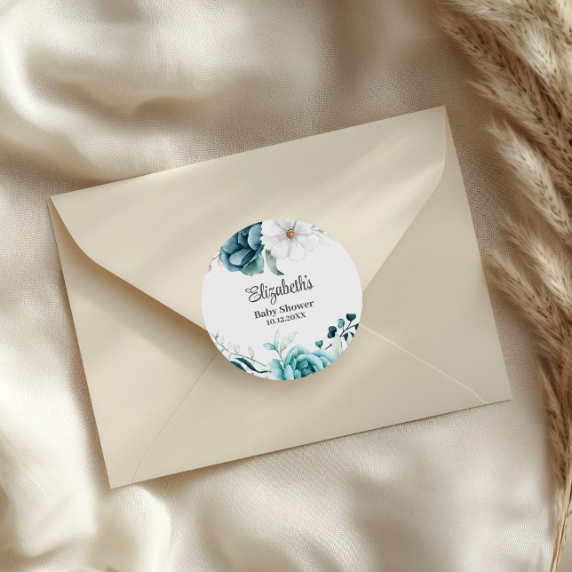 Adesivo Chá de fraldas Teal e Esbranquiçado (Teal and Off-White Baby Shower Classic Round Sticker on an elegant envelope.)
