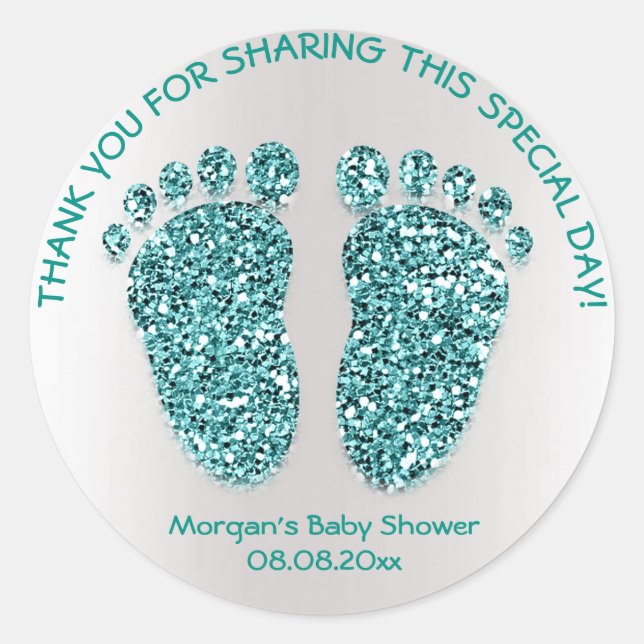 Adesivo Chá de fraldas Teal Glitter Feet Favor Obrigado (Frente)