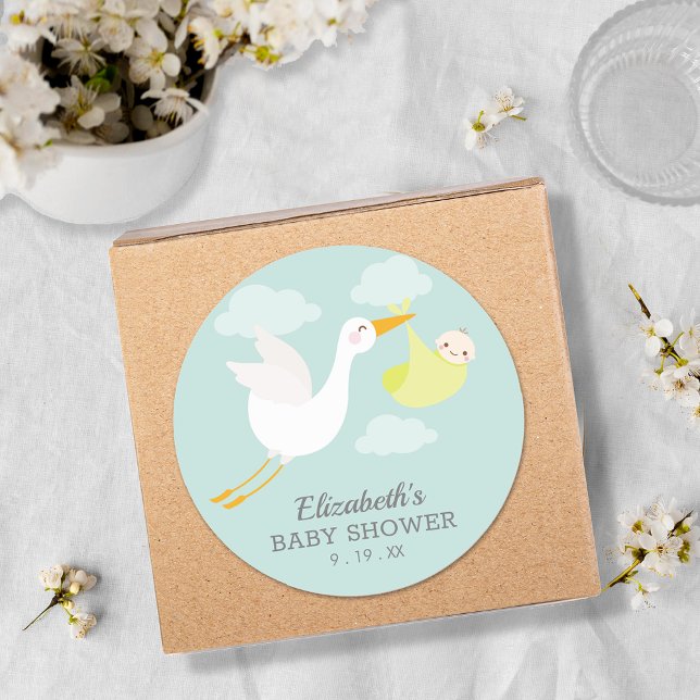 Adesivo Chá de fraldas Unisex do Pacote Amarelo (Yellow bundle stork gender neutral baby shower round favor stickers)