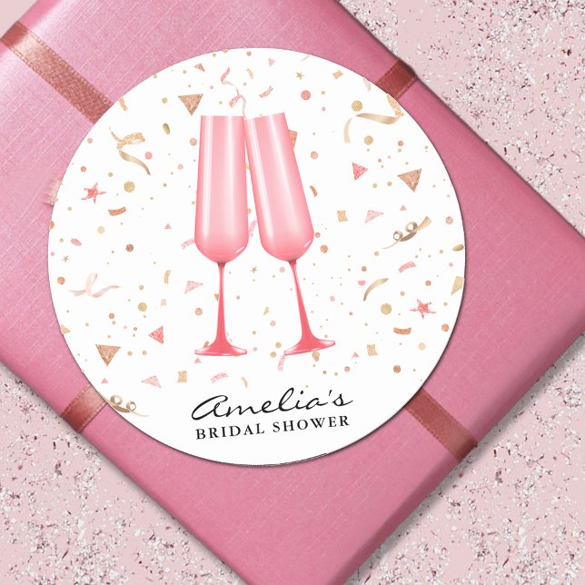 Adesivo Chá de Noiva com Champanhe Rosa (Pink champagne bridal shower 3" round stickers)
