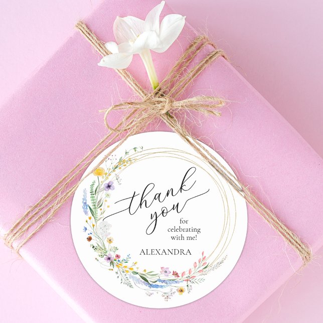 Adesivo Chá de Noiva com Flores Silvestres (Wreath of wildflowers bridal shower round stickers)