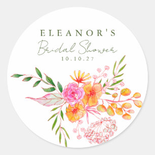 Adesivo Chá de Noiva Floral em Aquarela Rosa Laranja Fofo