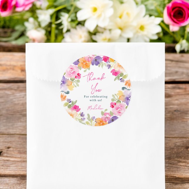 Adesivo Chá de noiva floral rosa boho obrigado (Boho pink floral thank you bridal shower classic round sticker)