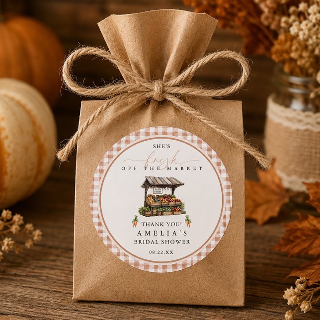 Adesivo Chá de Noiva Gingham Outono Frescor do Mercado (Gingham Fall Fresh Off The Market Bridal Shower Classic Round Sticker)