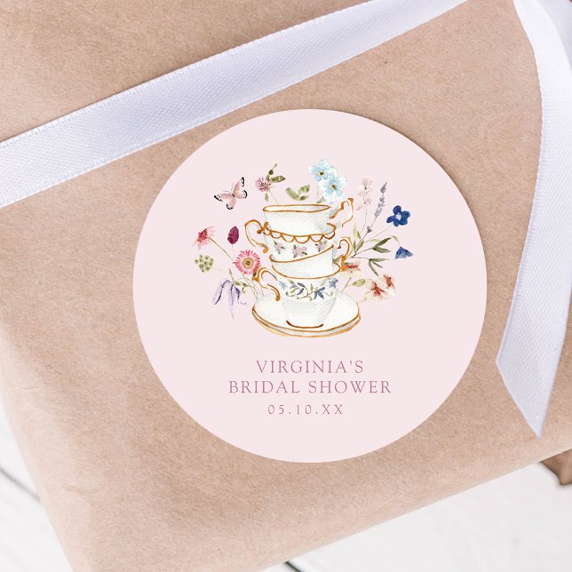 Adesivo Chá de Noiva Pink Tea Party (Pink Tea Party Bridal Shower Round Sticker by Painted Paperie
)