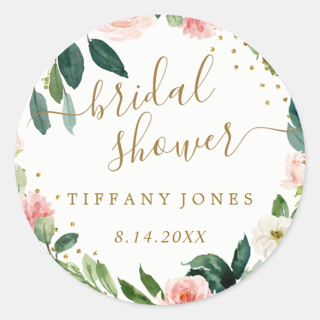 Adesivo Chá de Noiva Rosa Floral com Confetes em Dourado (Frente)