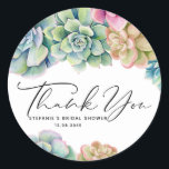 Adesivo Chá de panela de Sucultura de Aquarela Obrigado<br><div class="desc">Adicione um sotaque boho às suas placas e envelopes com estes adesivos de chá de panela personalizáveis. Apresenta uma aquarela cor rosa,  verde,  azul e ouro suculentos. Personalize adicionando seus detalhes. Estes autocolantes são perfeitos para casamentos de verão,  chás de panela,  chás de fraldas,  aniversários e muito mais.</div>