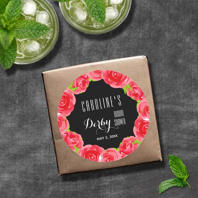 Adesivo Chá de panela Derby Rosas vermelhas de Aquarela (Watercolor red roses Derby themed bridal shower round stickers)