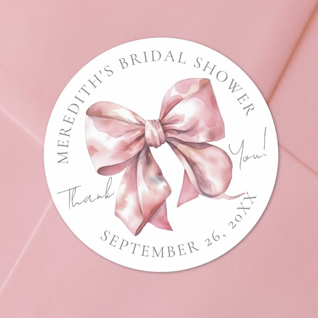 Adesivo Chá de panela do Arco rosa pálido (Blush Pink Bow Bridal Shower Classic Round Sticker)