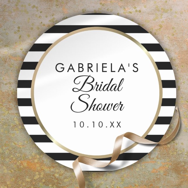 Adesivo Chá de panela Dourado Elegante com Faixa Preta (Black Stripe Elegant Gold Bridal Shower Classic Round Sticker)