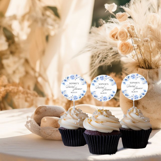 Adesivo Chá de panela Flor Azul Caligrafia Floral (Elegant watercolor floral stickers from my Something Blue Floral Bridal Shower Collection)