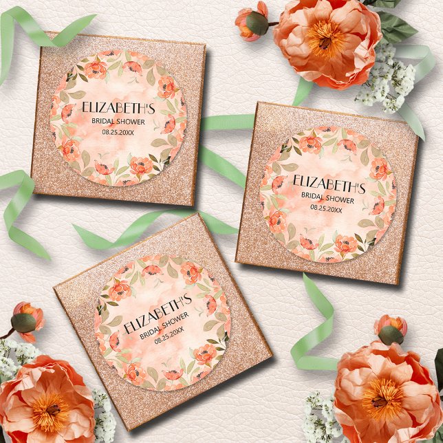 Adesivo Chá de panela Floral Laranja Aquarela (Watercolor orange floral bridal shower round stickers)