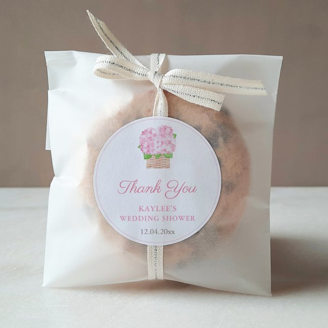 Adesivo Chá de panela Floral Rosa Girly Obrigado Por Favor (Pink Hydrangea In Wicker Basket Thank You Favor Sticker Design)