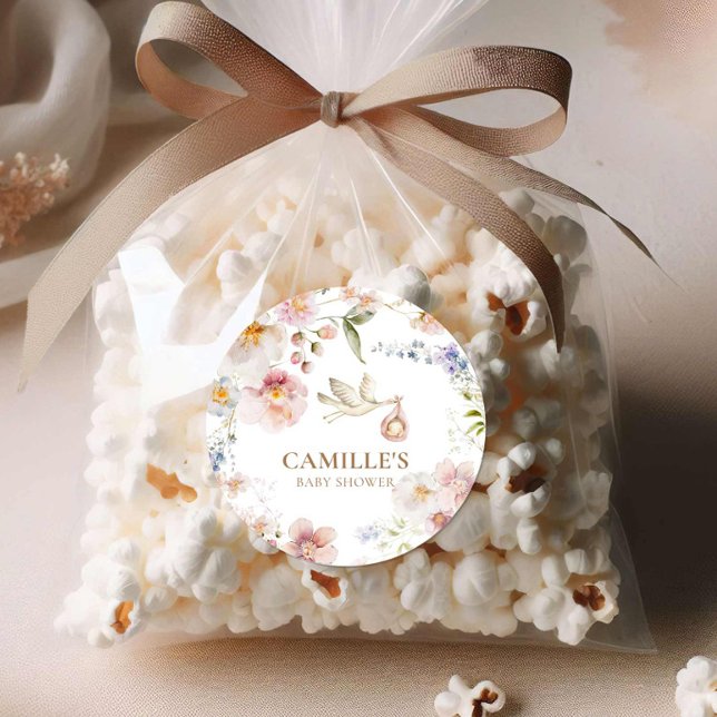 Adesivo Chá de Sangue de Bebê de Flor Selvagem (Wildflower Baby Shower Favor Round Sticker)