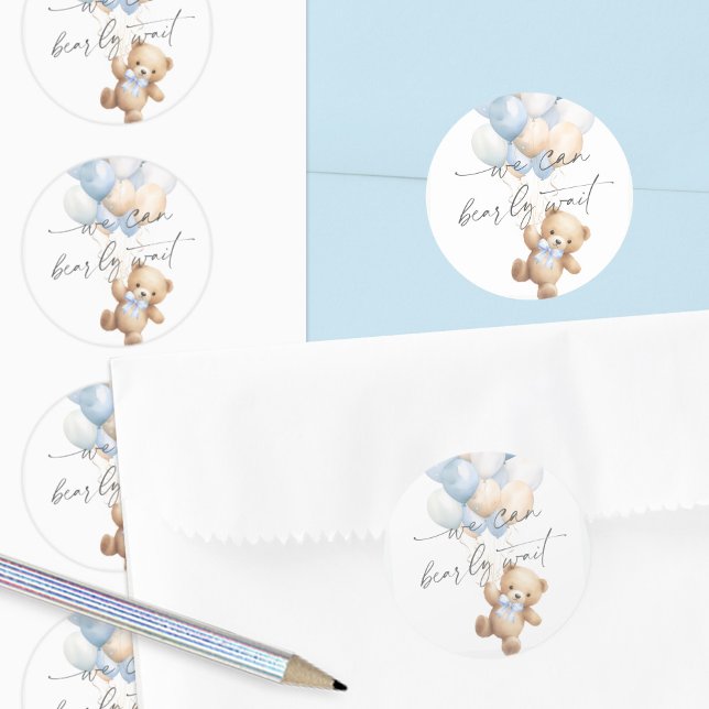 Adesivo Chá do bebê bebê esperançoso azul moderno (Blue We Can Bearly Wait, baby Boy Shower Envelope Seals.)