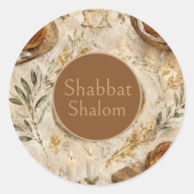 Adesivo Challah Botânico, Bege Dourado, Shabbat Rústico (Frente)