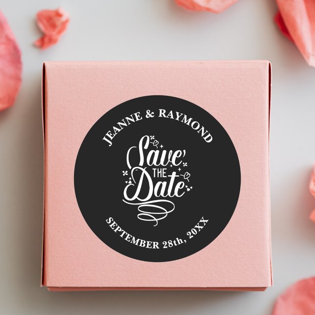 Adesivo Chamadas Românticas Caligrafia Preta Salvar a Data (Black save the date sticker brings graceful beauty to memorable wedding mail.)