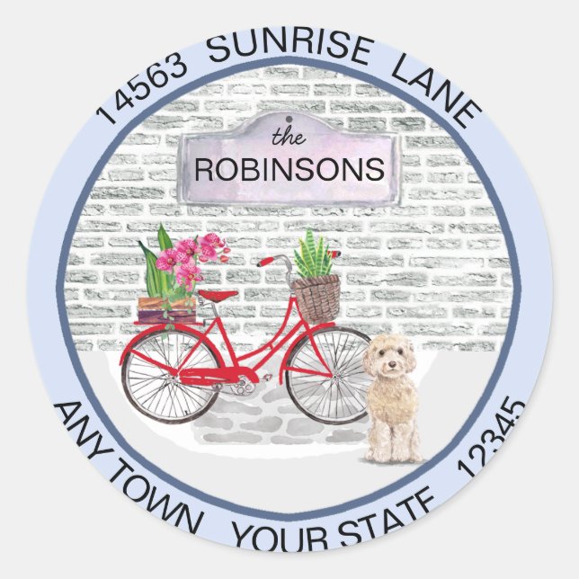 Adesivo Champaign Cockapoo Movendo Bicicleta Novo Endereço (Frente)