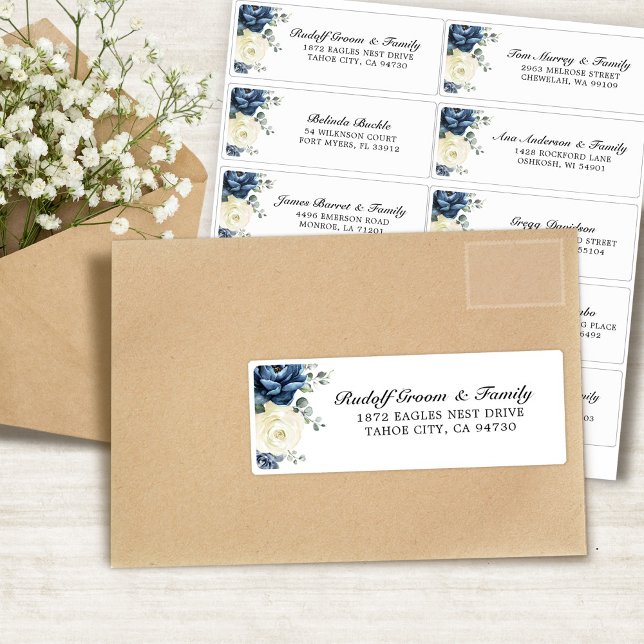 Adesivo Champanhe Azul Dusty Endereço de Convidado para Ca (Dusty Blue Champagne Ivory Wedding Guest Address Sticker)