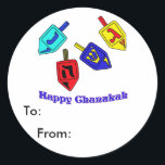 Adesivo Chanukah Dreidels<br><div class="desc">Um presente feliz de Chanukah,  com 4 sonhos com letras hebraicas que representam um milagre Excelente,  aconteceu lá!</div>