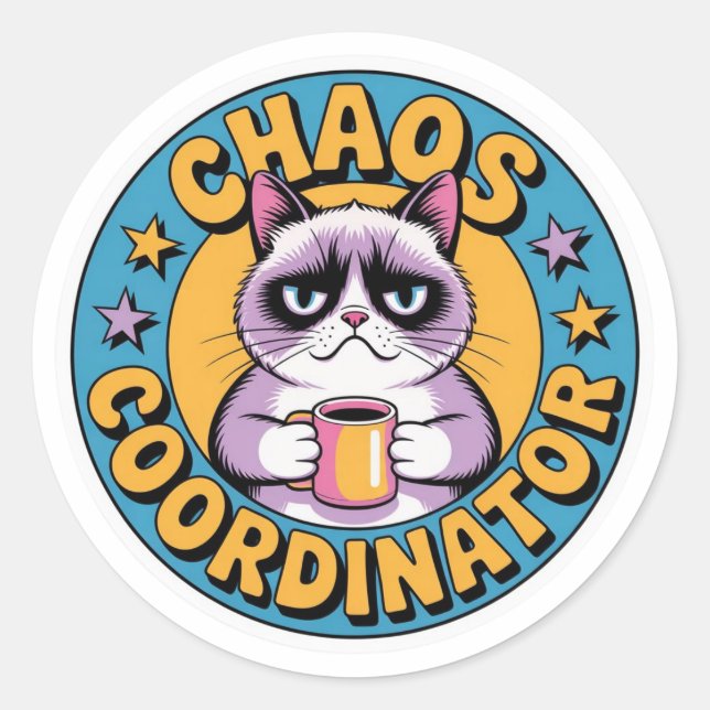 Adesivo Chaos Coordinator Cat Sticker - Funny Grumpy Coffe (Frente)
