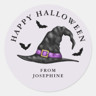Adesivo Chapéu De Bruxa E Morcegos Lilás Feliz Halloween