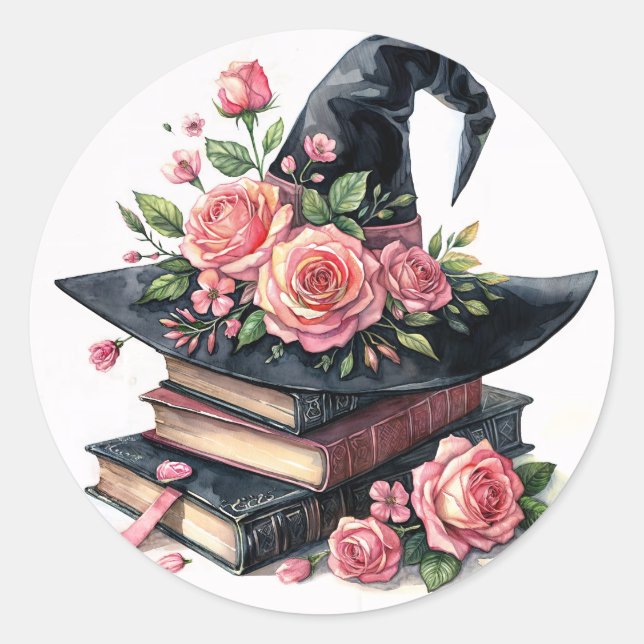 Adesivo Chapéu De Bruxa Em Livros Com Rosas Rosa (Frente)