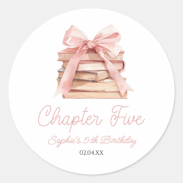 Adesivo Chapter Five Pink Bow Books 5th Birthday Party (Frente)