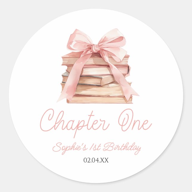 Adesivo Chapter One Pink Bow Books 1st Birthday Party (Frente)