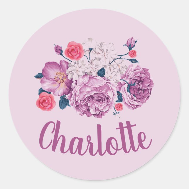 Adesivo Charlotte Nome Floral Personalizado Flor Rosa Vint (Frente)