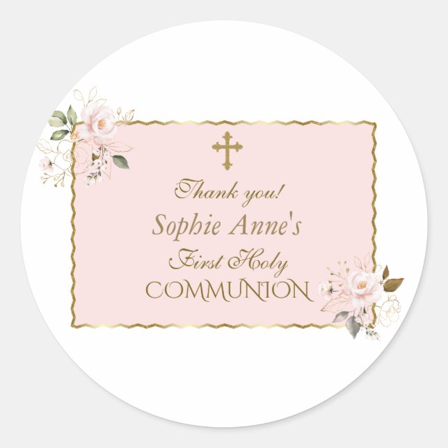 Adesivo Charm Blush Pink Floral Gold First Holy Communion (Frente)