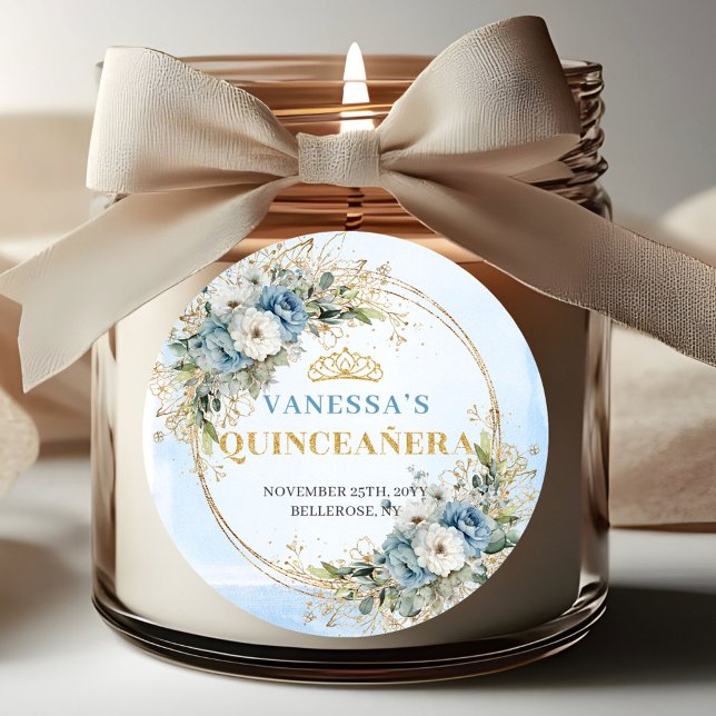 Adesivo Charming Dusty Blue Gold Greenery Quinceañera  (Must Have Quinceañera Sticker Blue and Gold)