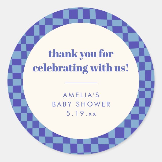 Adesivo Checkerboard Blue Custom Baby Shower Thank You (Frente)