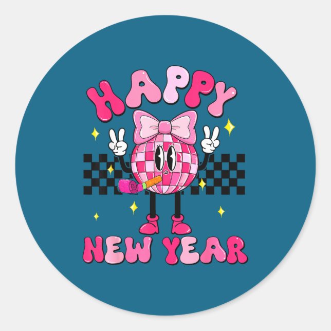 Adesivo Checkered Happy New Year 2026 Disco Ball New Year  (Frente)