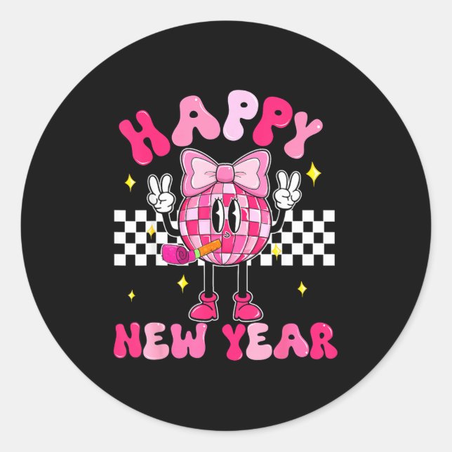 Adesivo Checkered Happy New Year 2026 Disco Ball New Year  (Frente)