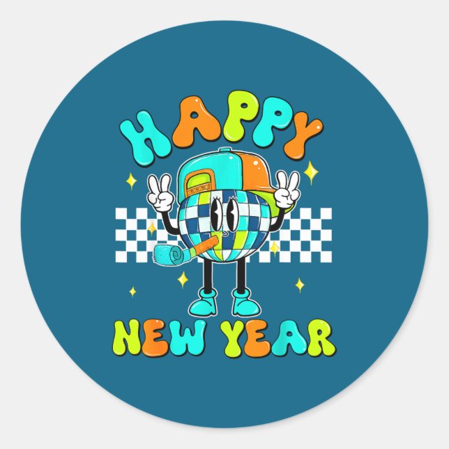Adesivo Checkered Happy New Year 2026 Disco Ball New Year  (Frente)