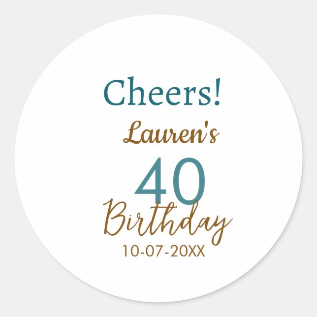 Adesivo Cheers 40th birthday name date brown turquoise sim (Frente)
