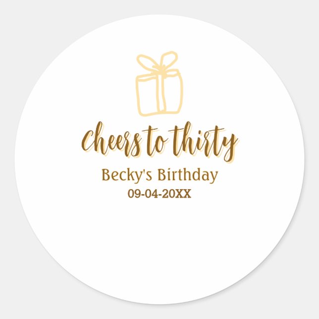 Adesivo Cheers to thirty yellow brown birthday pastel gift (Frente)