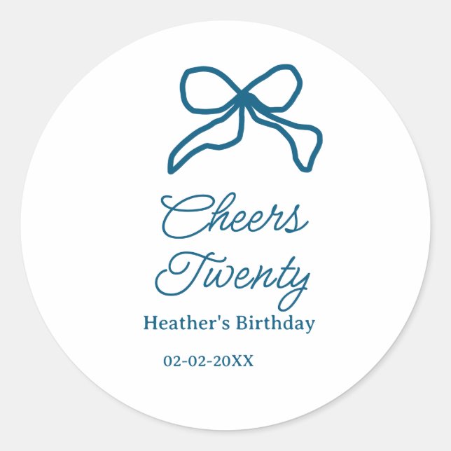 Adesivo Cheers twenty blue birthday bow name date boho ret (Frente)