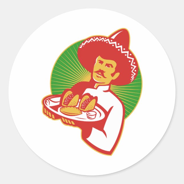 Adesivo chef mexicano servindo taco burrito empanada retro (Frente)