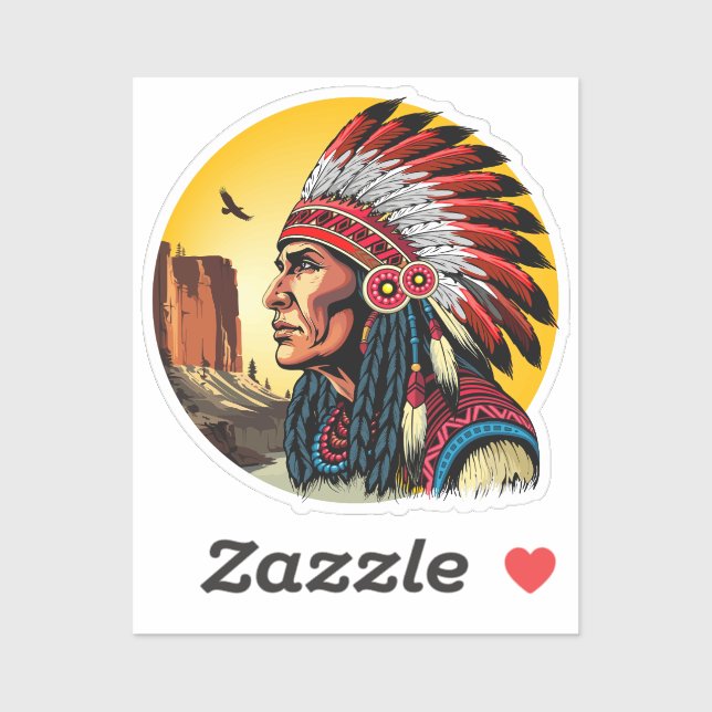 Adesivo Chefe Americano Nativo na paisagem selvagem Sunset (Folha)