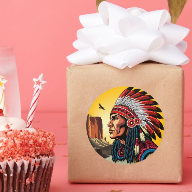 Adesivo Chefe Americano Nativo na paisagem selvagem Sunset (Festa)