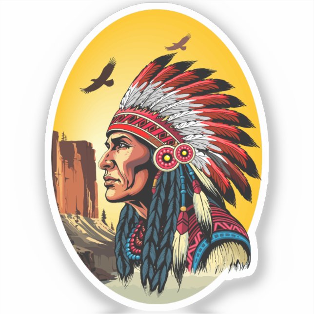 Adesivo Chefe Americano Nativo na paisagem selvagem Sunset (Frente)