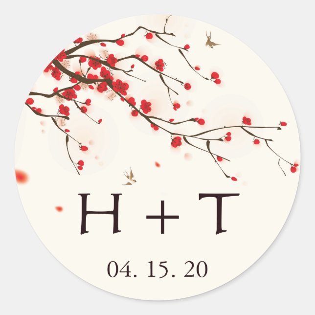 Adesivo Cherry Blossoms Watercolor Floral Wedding Monogram (Frente)