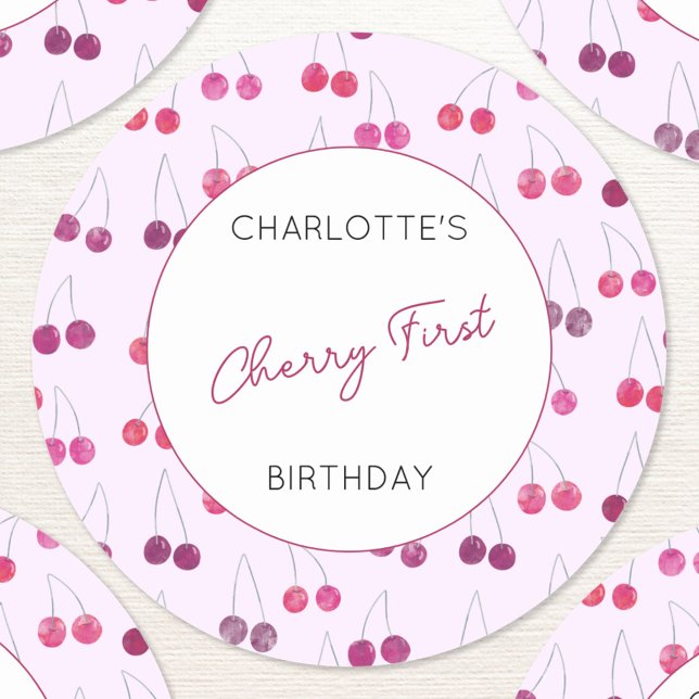 Adesivo Cherry First Birthday Personated Watercolor (Cherries Cherry First birthday personalized stickers)