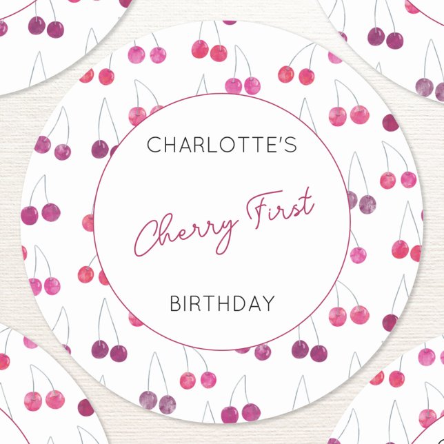 Adesivo Cherry First Birthday Personated Watercolor (Cherries Cherry First birthday personalized stickers)