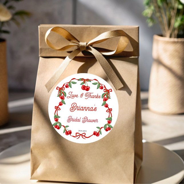 Adesivo Cherry no chá de panela de fita superior (Cherry on top ribbon coquette cherry summer bridal shower personalized thank you favor sticker)