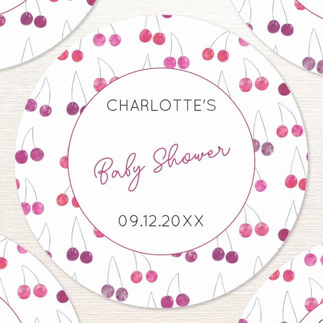 Adesivo Cherry Watercolor Chá de fraldas Personalizado (Cute watercolor cherry pink and white pattern personalized baby shower name date stickers)