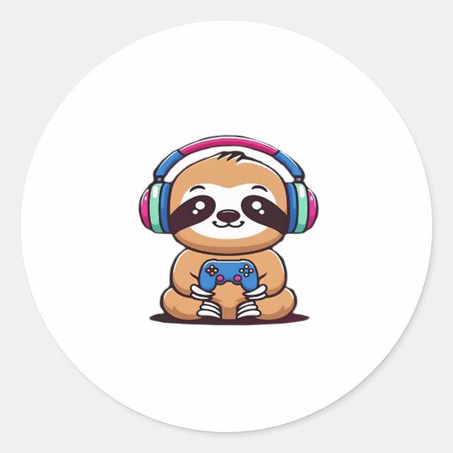 Adesivo Chibi Kawaii Sloth Gamer - Cute Funny Animal com (Frente)
